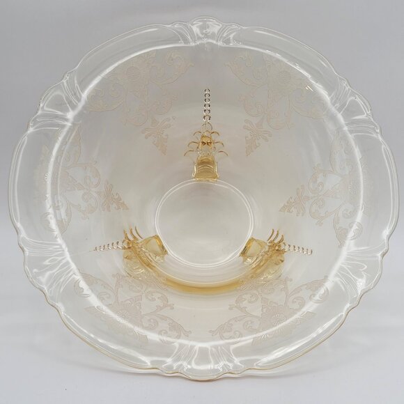 Vintage Heisey Etched Glass Sahara Yellow Empress Dolphin Three Footed Bowl 11" - Picture 7 of 11